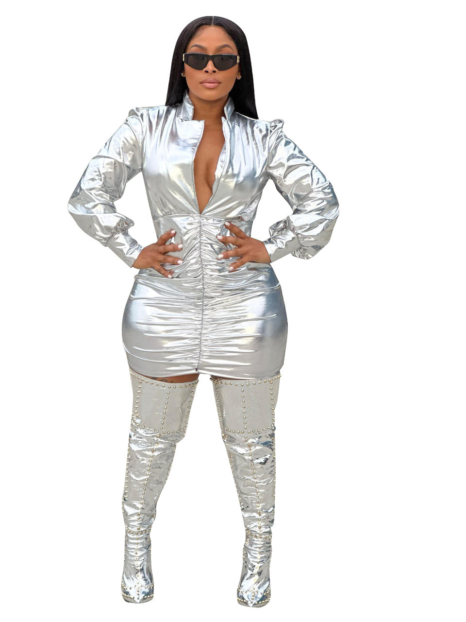 Fashionable And Sexy Deep V Neck Ruched Dress For Women 8