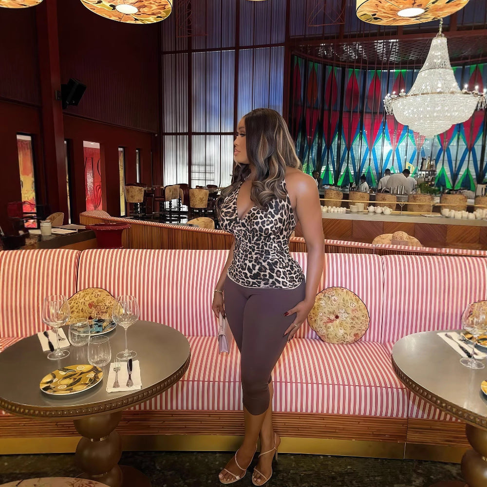 Women's summer sleeveless Halter Neck leopard Low Back top Tight Fitting pants sexy two-piece set 5