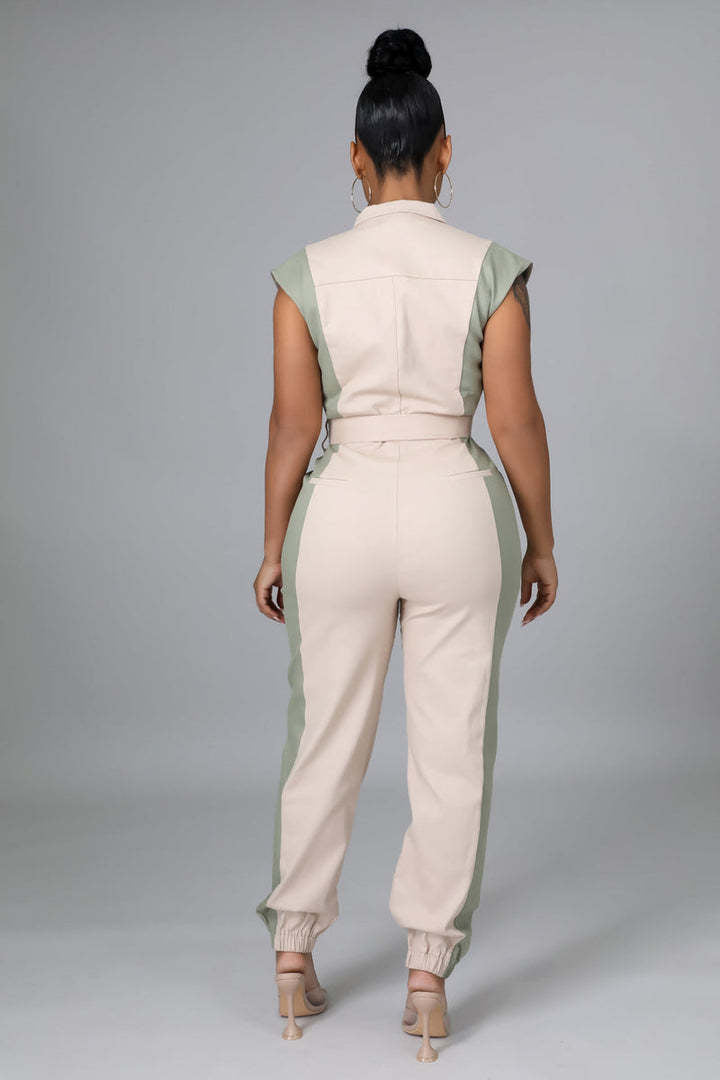 Women's Color Matching Fashion Turndown Collar Button Belt Jumpsuit 11