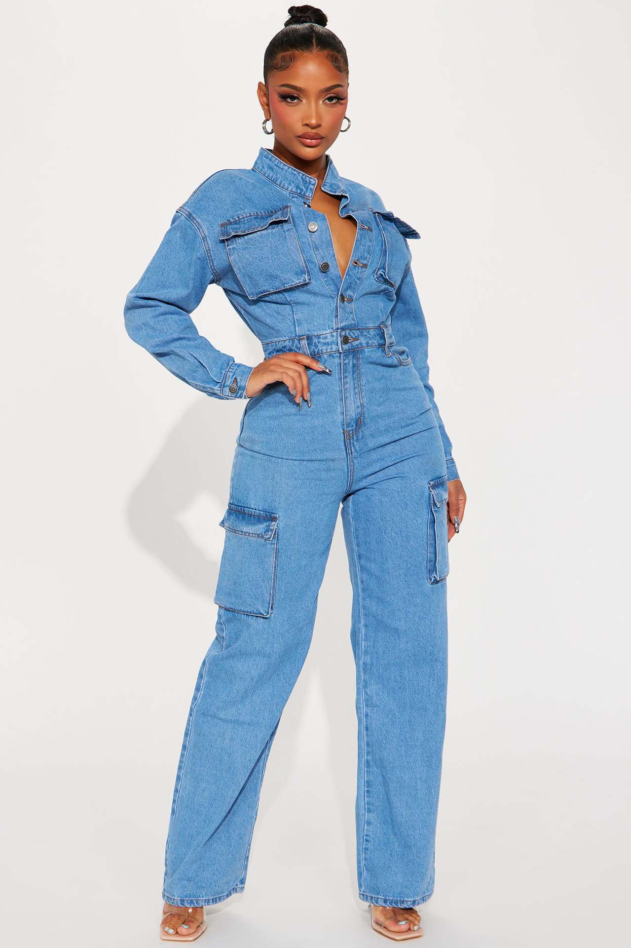 Spring Long Sleeve Pocket Washed Denim Cargo Jumpsuit 3