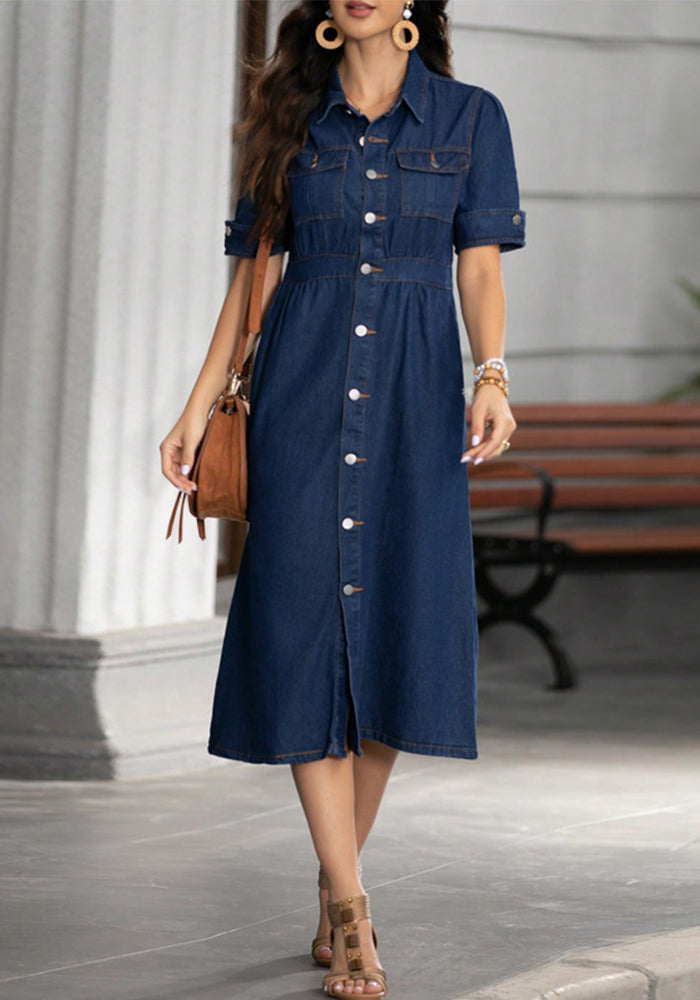Women Denim Turndown Collar short-sleeved dress