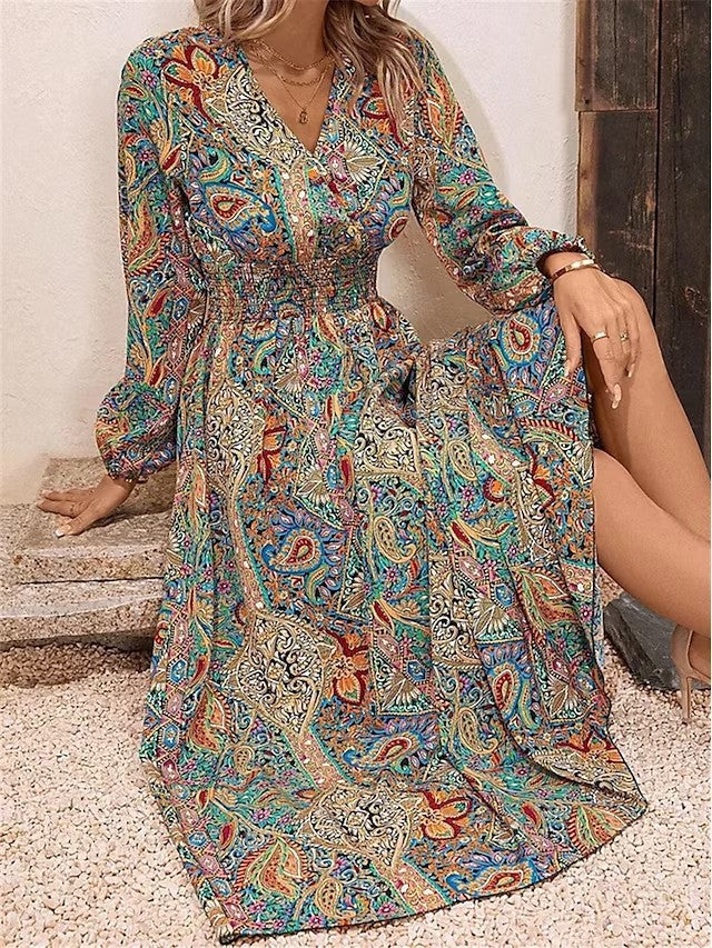 Women Fall and winter V-neck printed long-sleeved dress 4