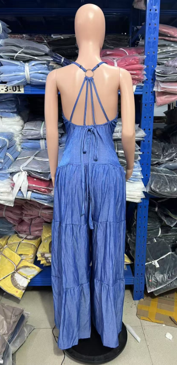 Spring Women's Sweet Sexy V-Neck Strap Low-Back Wide Leg Jumpsuit 7