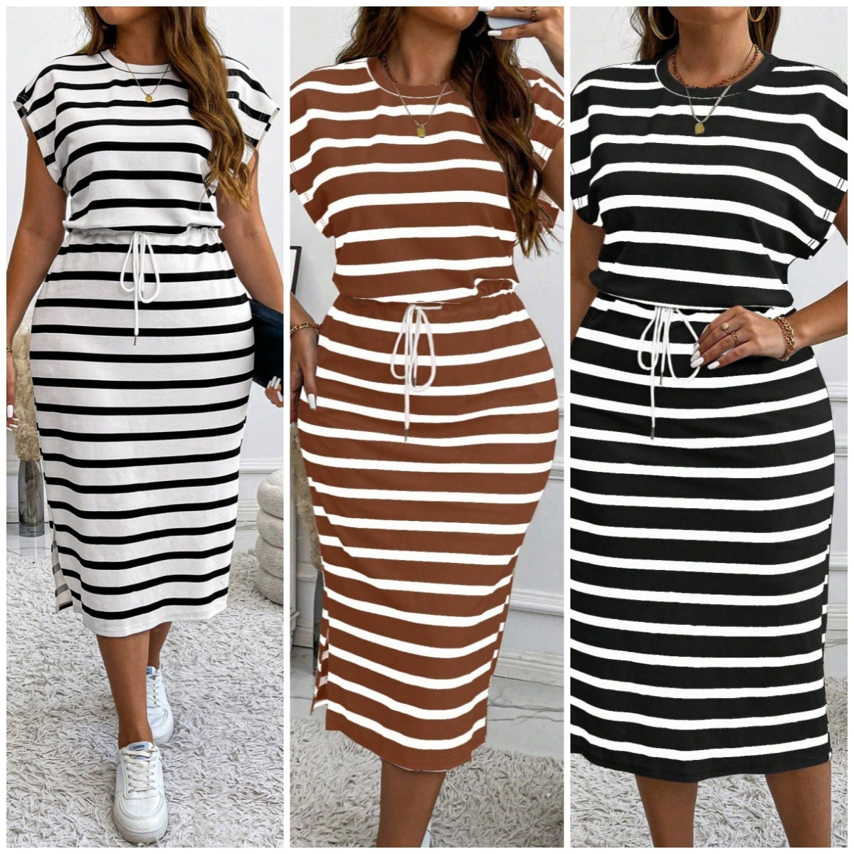Women's Round Neck Stripe Print Drawstring Slim Waist Casual Dress 5
