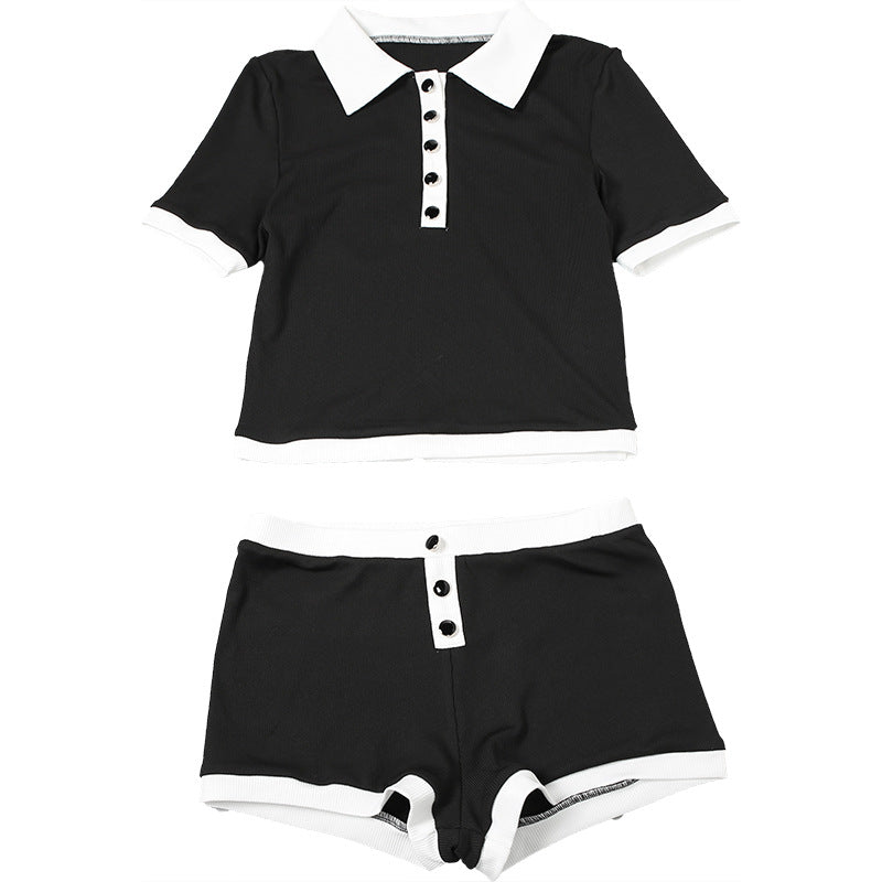 Summer Women's Short-Sleeve Turndown Collar Top with Bodycon Shorts Set 18