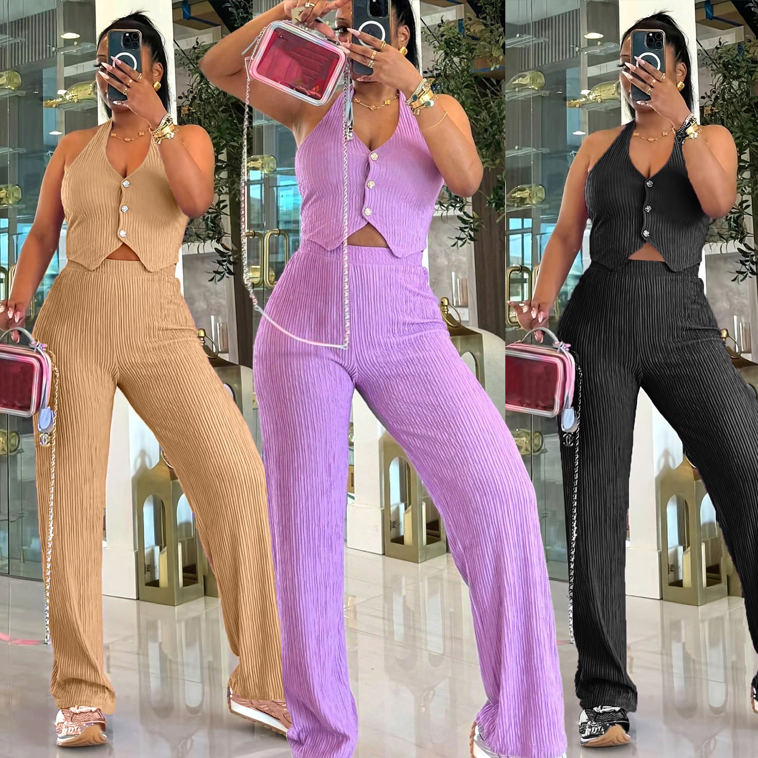 Women Halter Neck Crop Top and Wide Leg Pants Two-piece Set 14