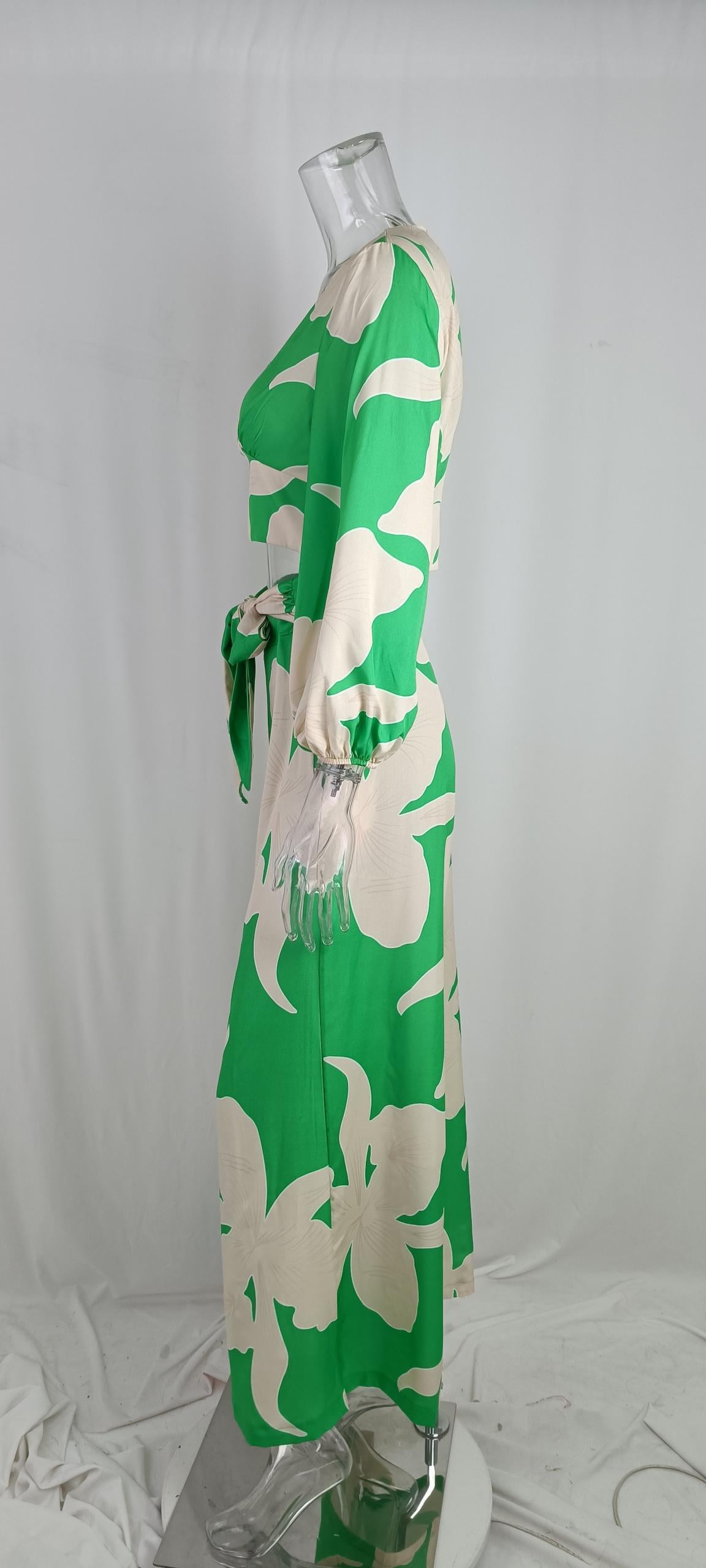 Women v-neck lantern sleeve short top and wide-leg pants two-piece set 28