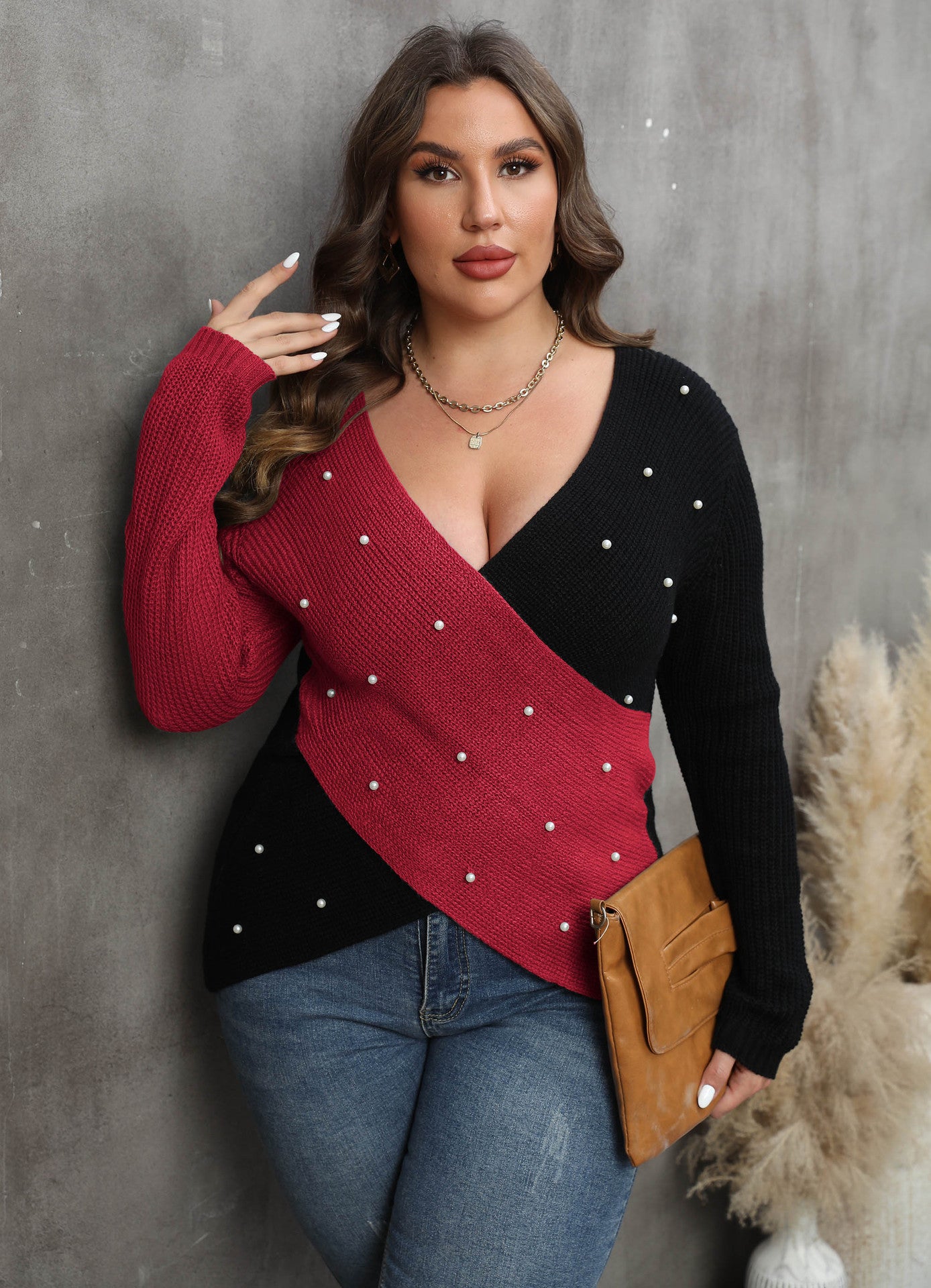Women's Pearl Plus Size Contrast Color Cross Deep V Neck Sexy Sweater 5