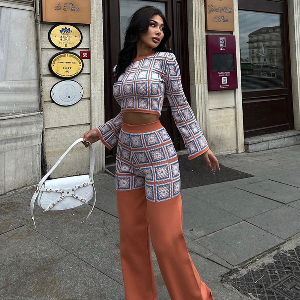 Women's Autumn Winter Printed Plaid Long Sleeve Short Top High Waist Straight Trousers Two Piece Set 6
