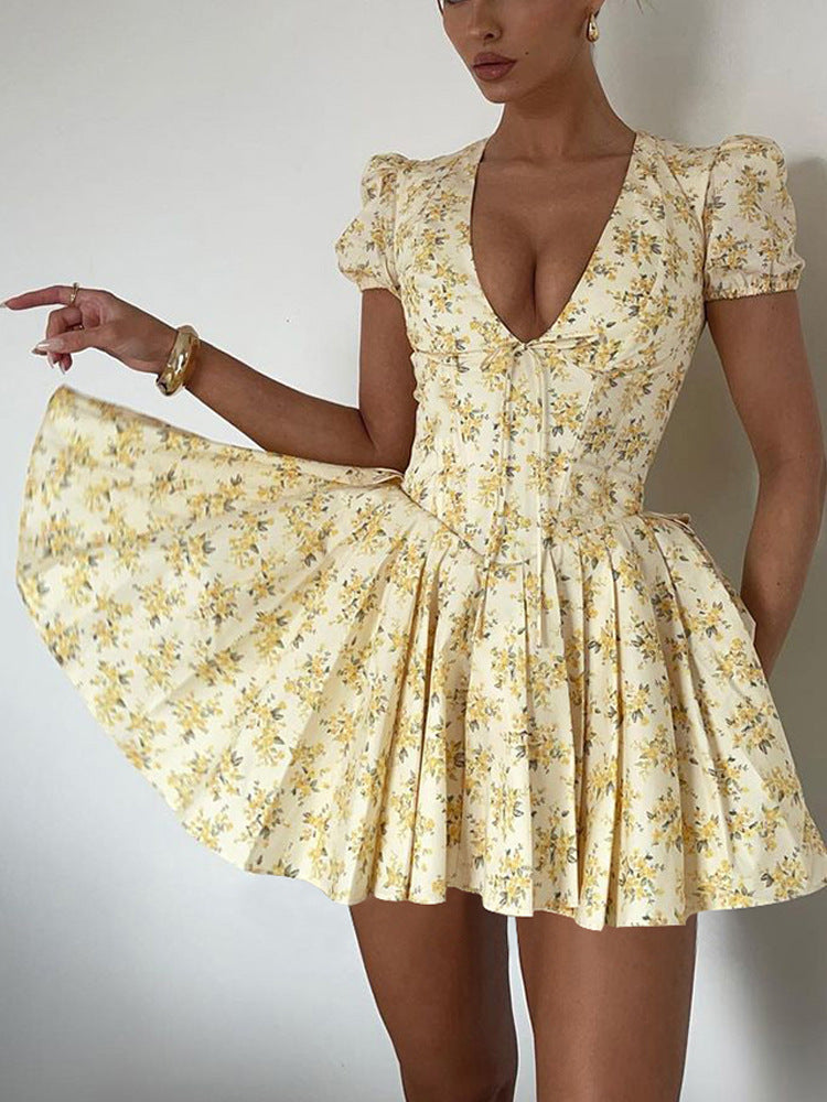 Women French Floral Sexy Chic V-neck Puff Sleeve Pleated Skirt 3