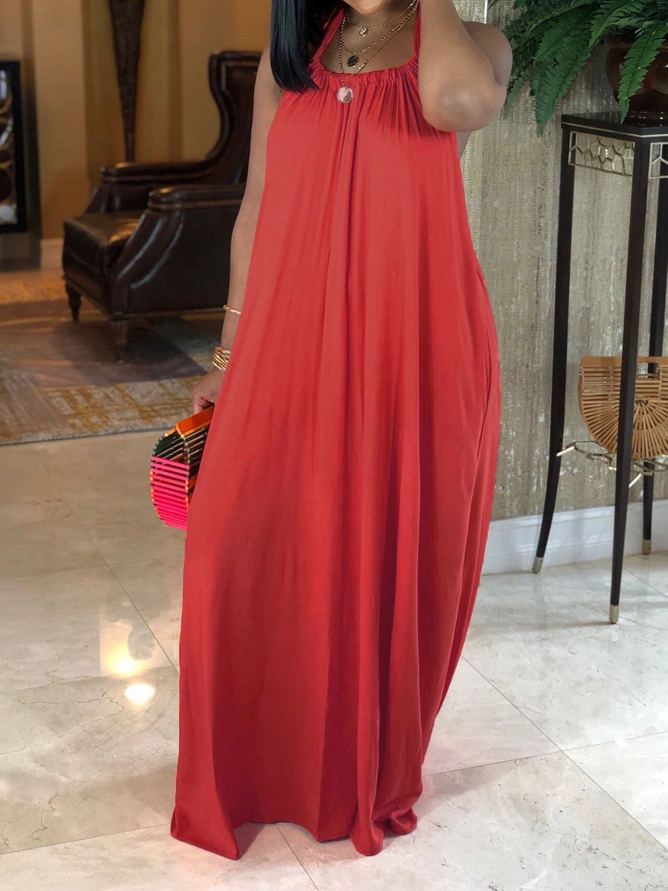 Plus Size Women Halter Neck Backless Loose Bohemian Solid Dress 3