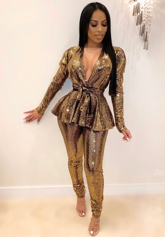 Women'S Slim Fashion Shiny Long Sleeve Suit With Belt