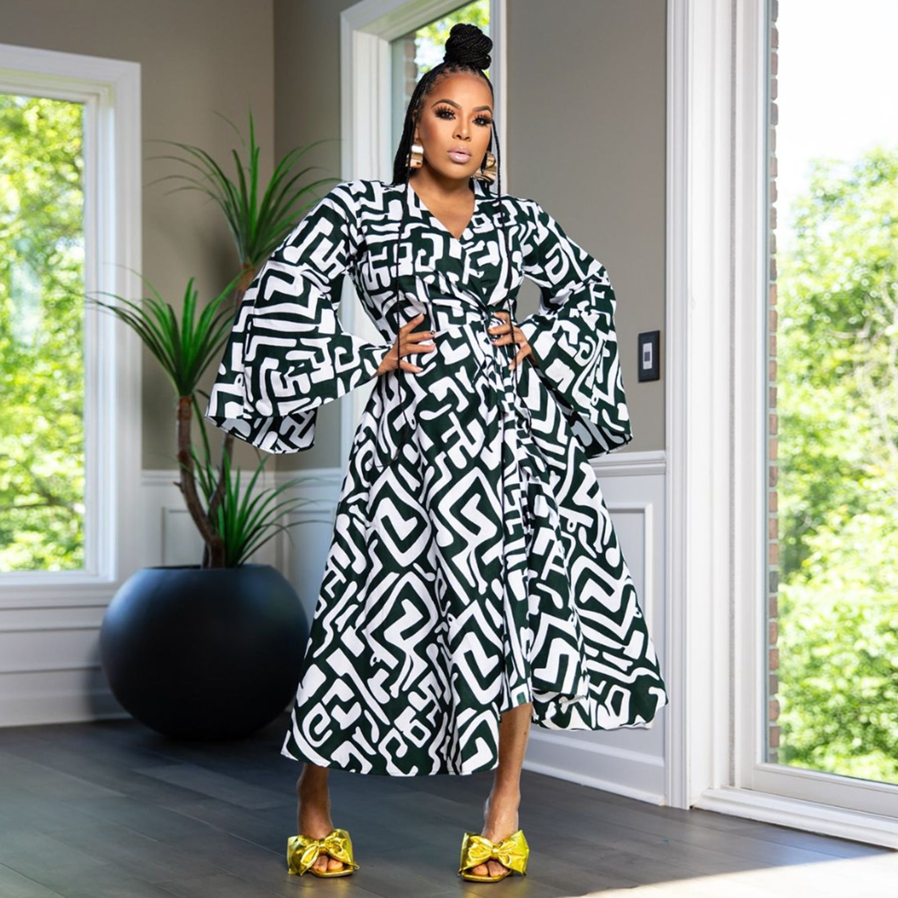 Plus Size African Women's Printed Wrap V-Neck Long Sleeve Maxi Dress 3