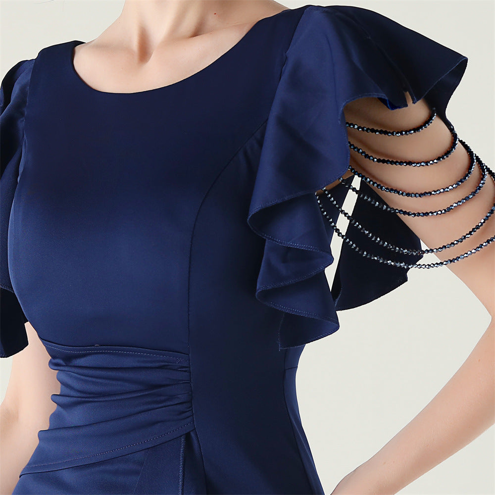 Women beaded tube V neck ruffle draped bead chain bead formal party evening dress 34