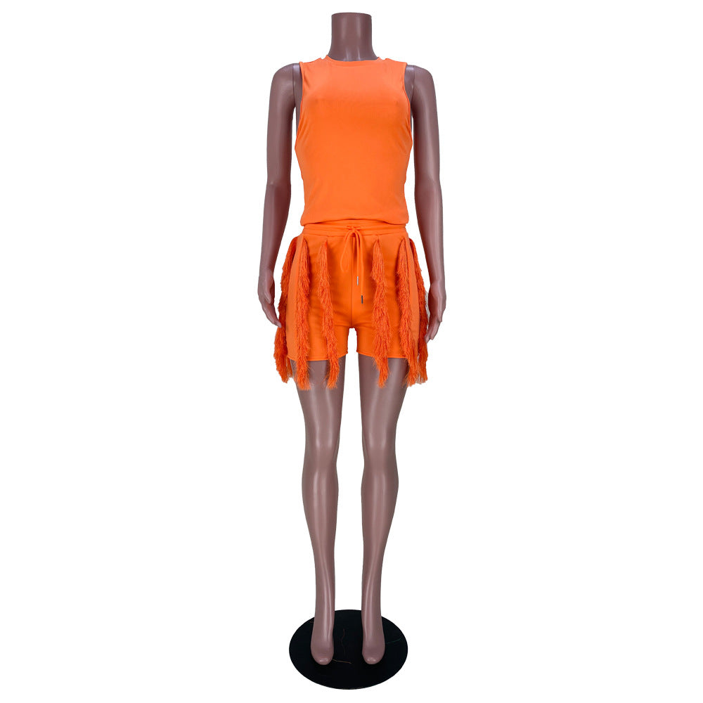Women'S Sleeveless Tank Top Drawstring Fringe Casual Solid Shorts Two Piece Set 21