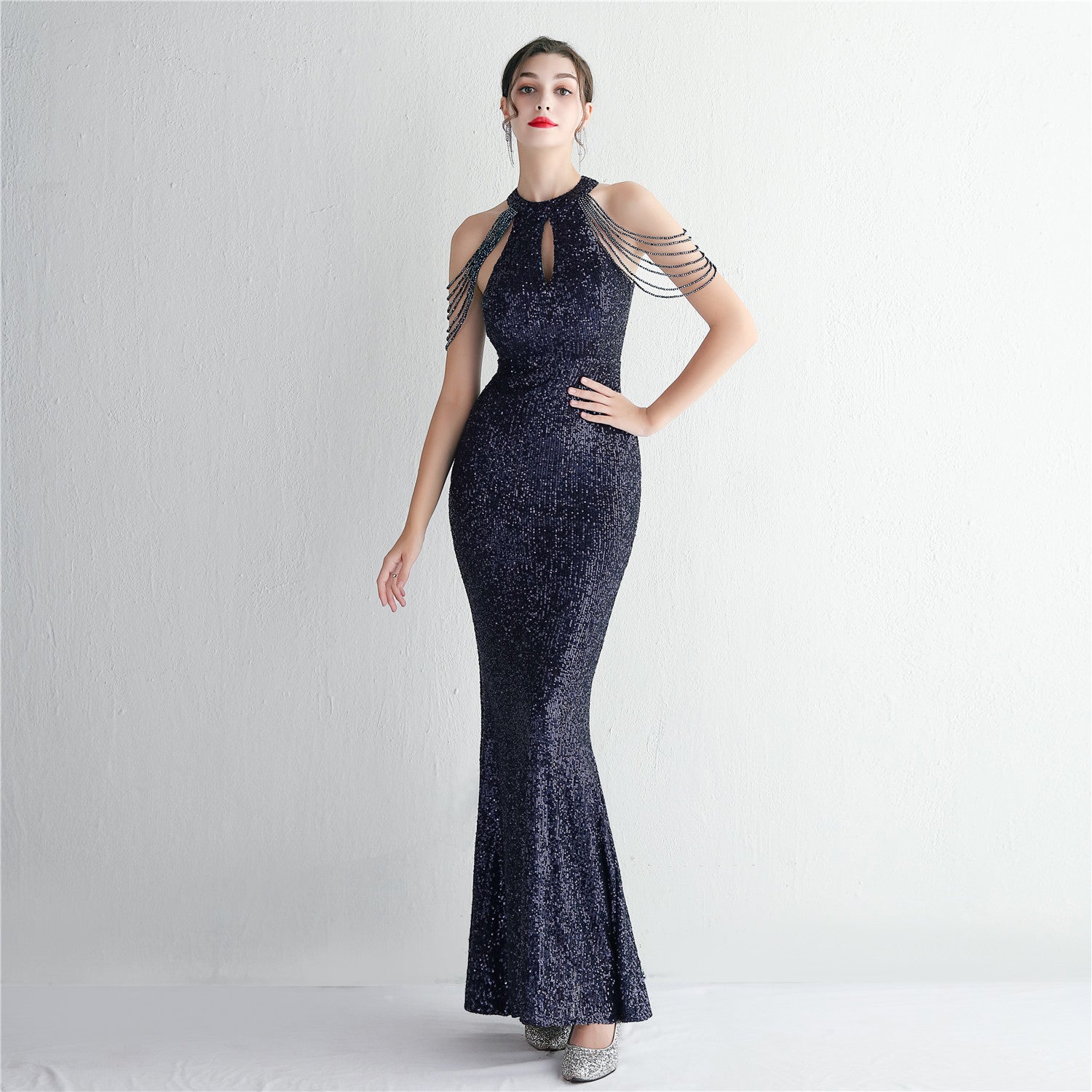 WomenElegant Sequined Halter Neck Evening Dress 12