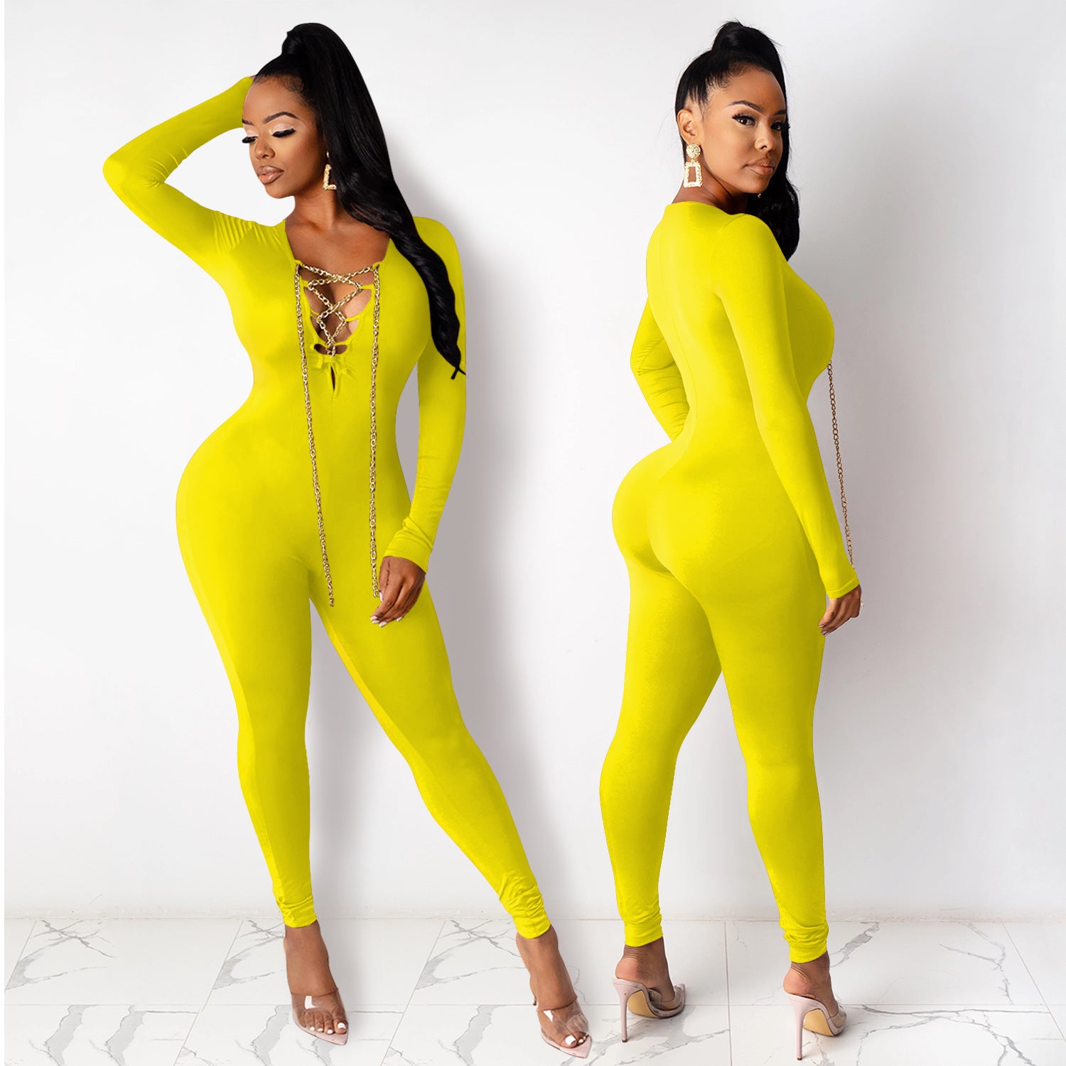 Women Sexy V-neck Chain Cross Lace Up Jumpsuit