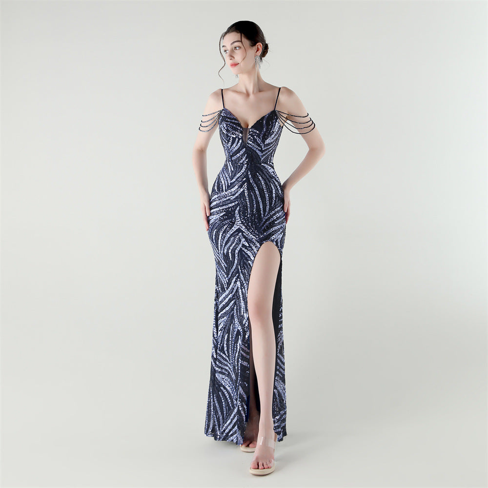 Elegant Deep V Strap Sequin Evening Dress 22