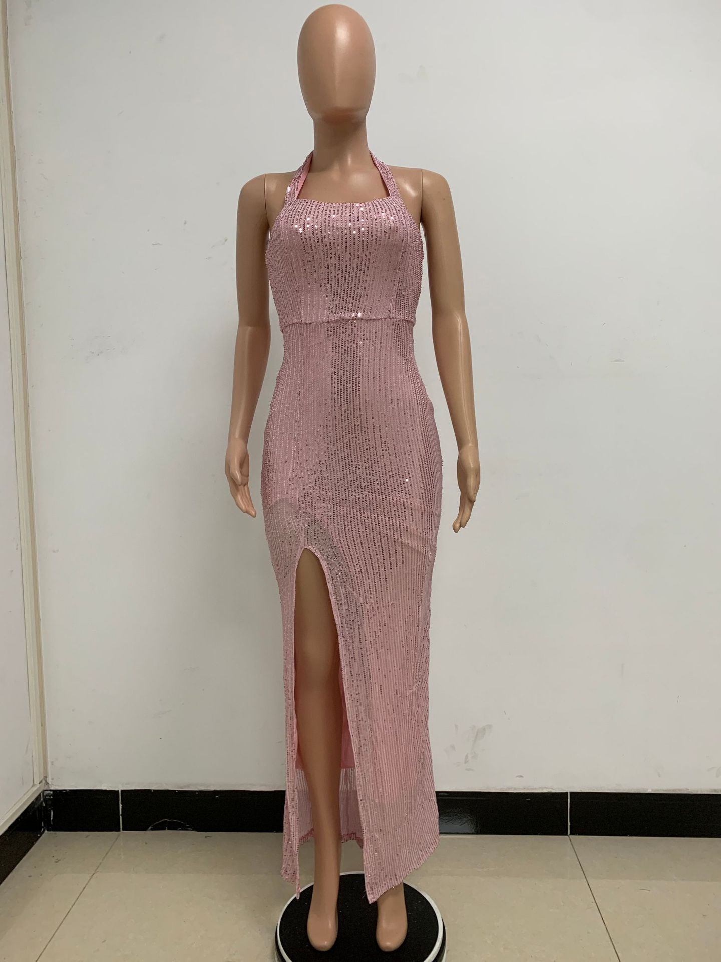 Women Sleeveless Halter Neck Backless Sequin Slit Evening Dress 80