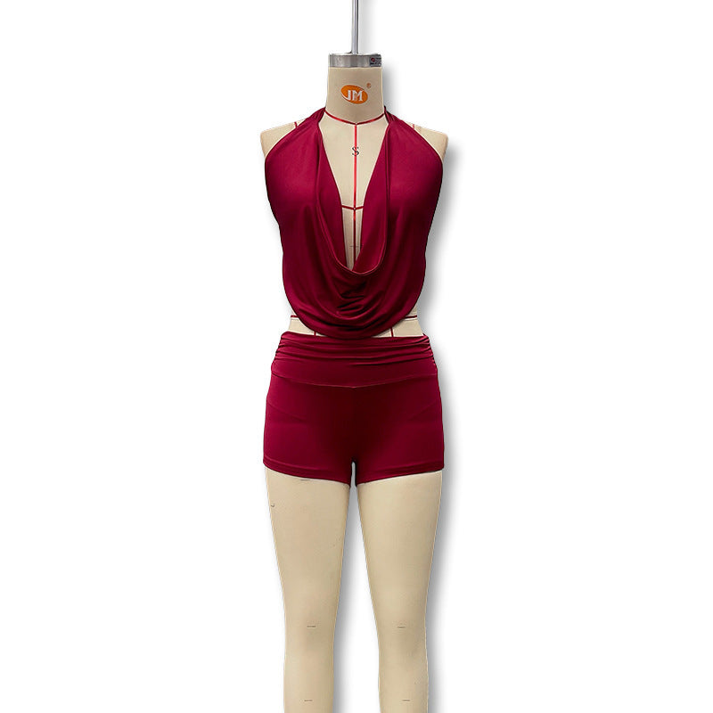 Women Sexy Halter Neck Backless Top and Shorts Two-Piece Set 9