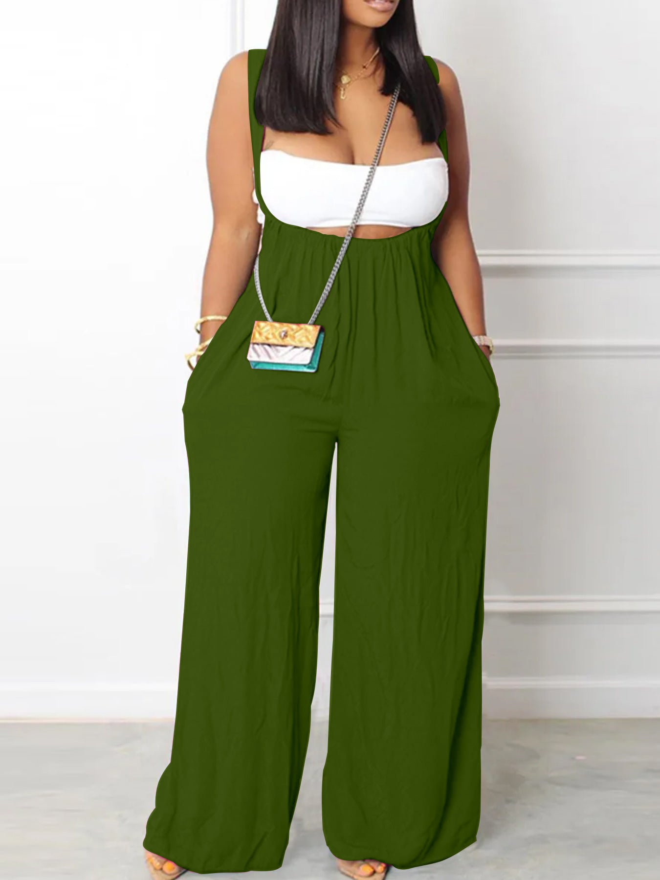 Drawstring Suspenders Wide Leg Trousers Strapless Crop Top Two-Piece Set 6