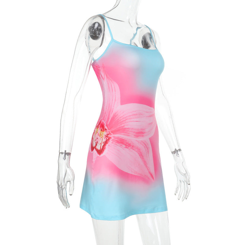 Women Summer Printed Square Neck Strap Bodycon Dress 7