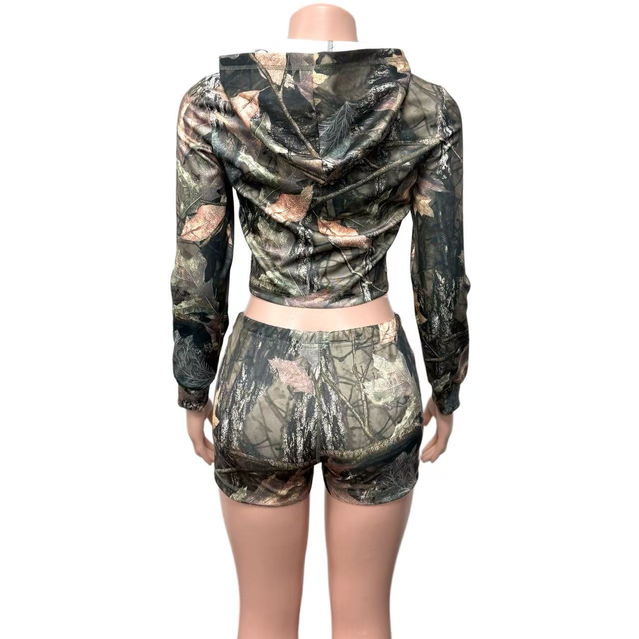 Women Sexy Printed Long-Sleeved Hooded Top and Shorts Two-Piece Set 9