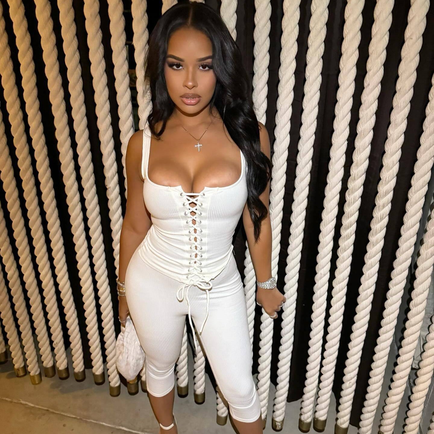 Women Lace-Up Tank Top and Solid Pants Two-Piece Set 4