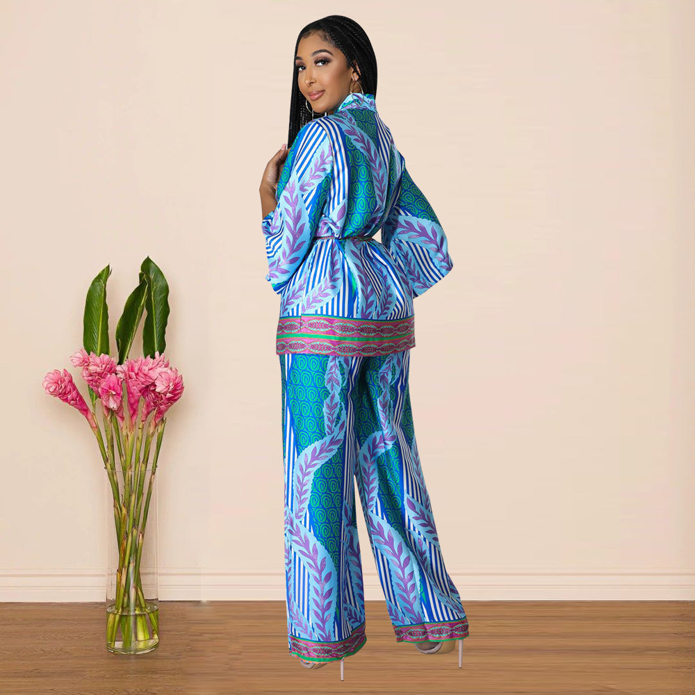 Women Long Sleeve Printed Top + Wide Leg Pants Two Piece Set 3