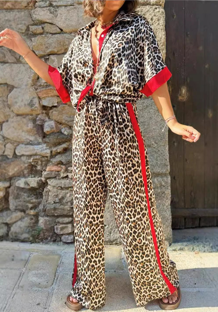 Women's Casual Leopard Print Contrast Short Sleeve Button Top Wide Leg Pants Two Piece Set