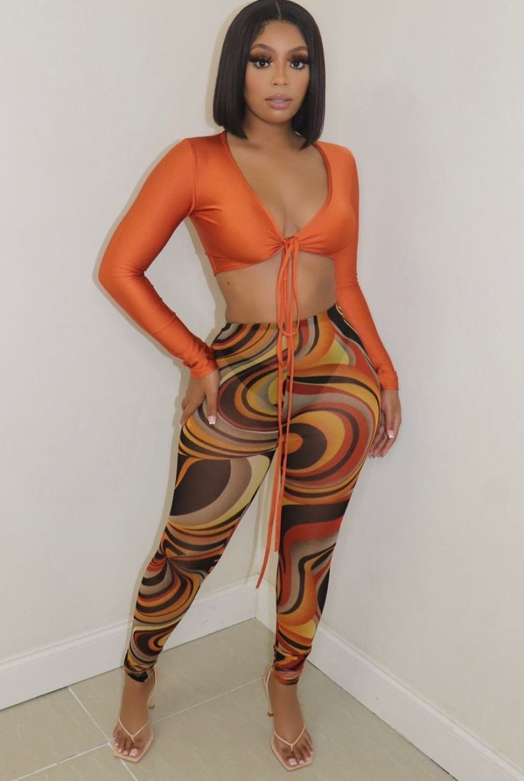 Fall Sexy Orange Wrap Tied Long Sleeve Crop Top and Printed Tight Pants Set 4