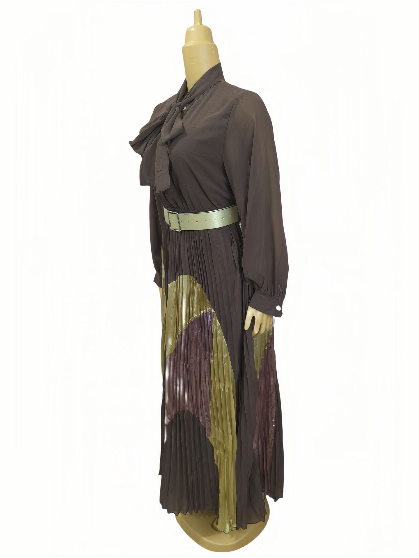 Plus Size African Women Lace-Up Long Sleeve Color Block Pleated Elegant Dress 7