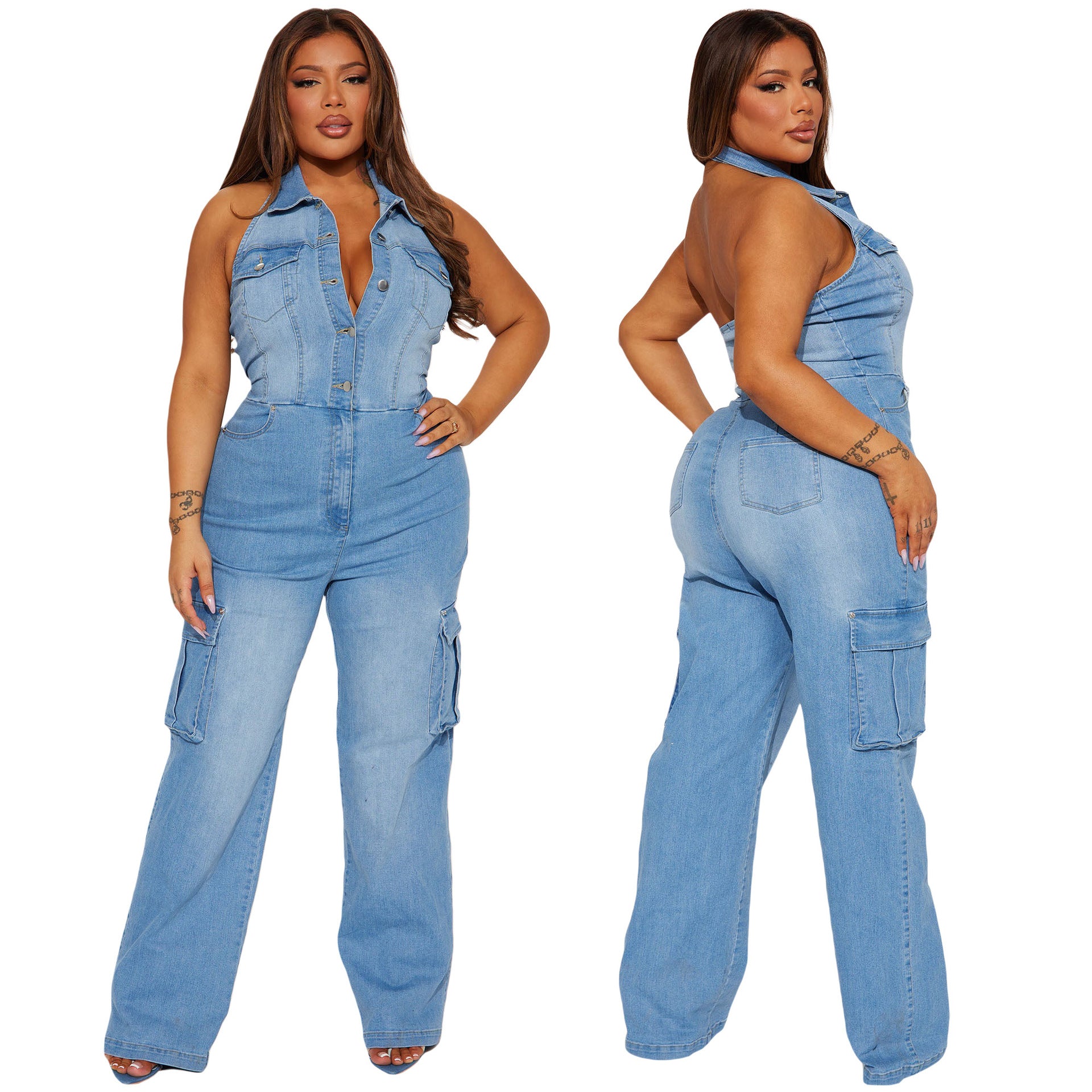 Halter Slim-Waisted Straight-Leg Loose Stretch-Denim Jumpsuit 6