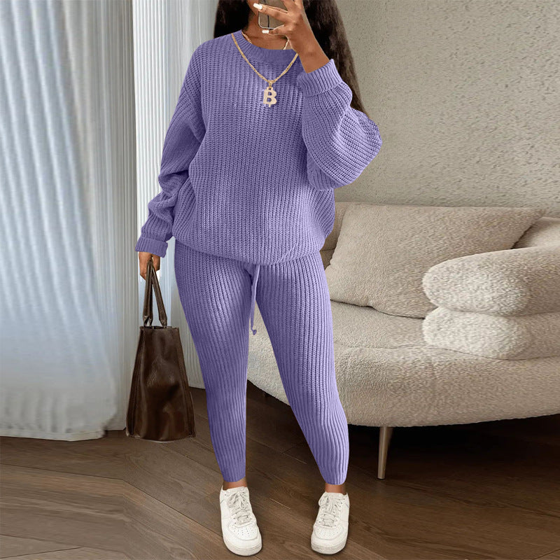 Fashion Casual Knitting Two Piece Pants Set Solid Long Sleeve Loose Sweater Trouser Suits Women's Clothing 28