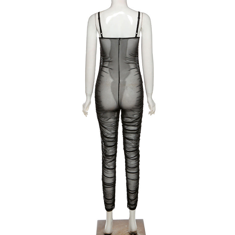 Summer Ladies Sexy Mesh See-Through Straps Pleated Fashion Chic Slim Jumpsuit 6