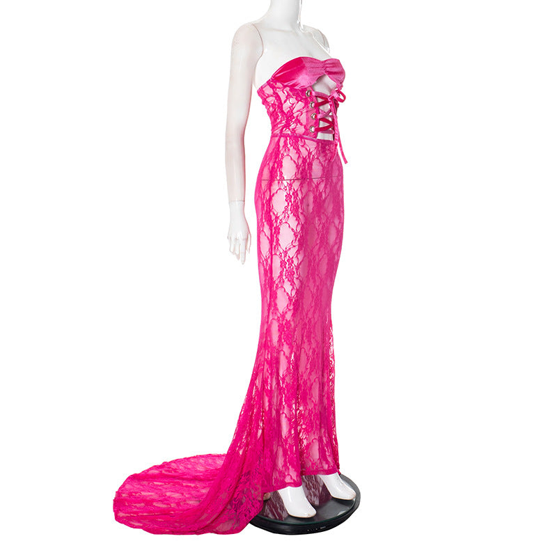 Women Mesh Lace-Up Strapless Dress 15