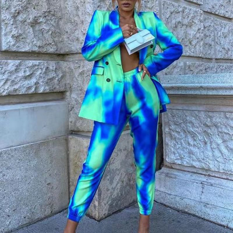 Women's Printed Coat Suit Casual Blazer Pants two piece Suit 14
