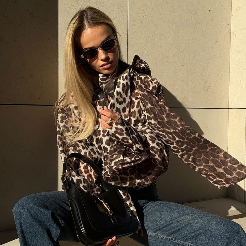 Women Spring Sexy Leopard Print Lace-up Long-sleeved Print Shirt 3