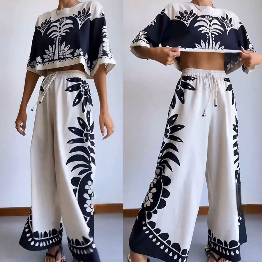 Spring Summer Casual Short Sleeve Lounge Wear Loose Holidays Women'S Two-Piece Pants Set 3