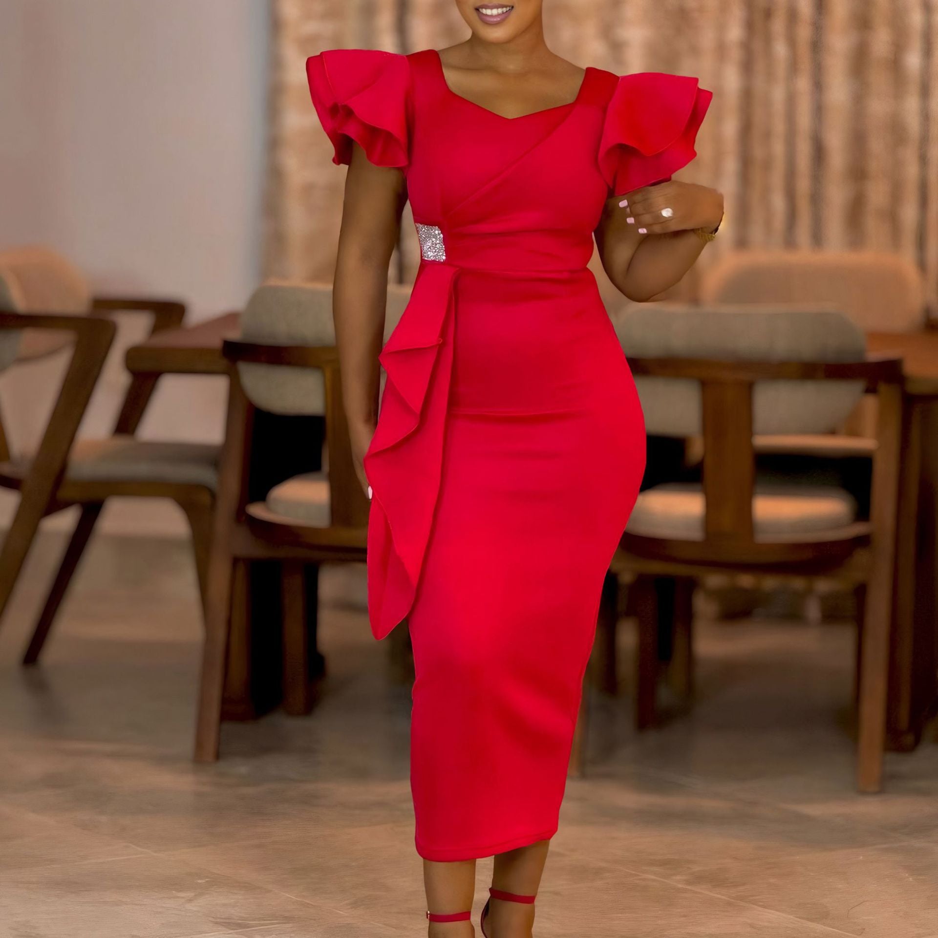 Women Elegant Ruffle Solid Bodycon Dress 3