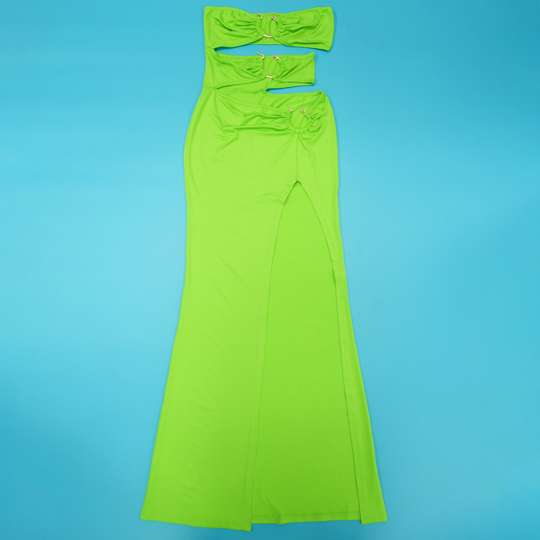 Fashion Women's Metal Decoration Solid Color Low Back Sexy Strapless Slit Long Dress 9