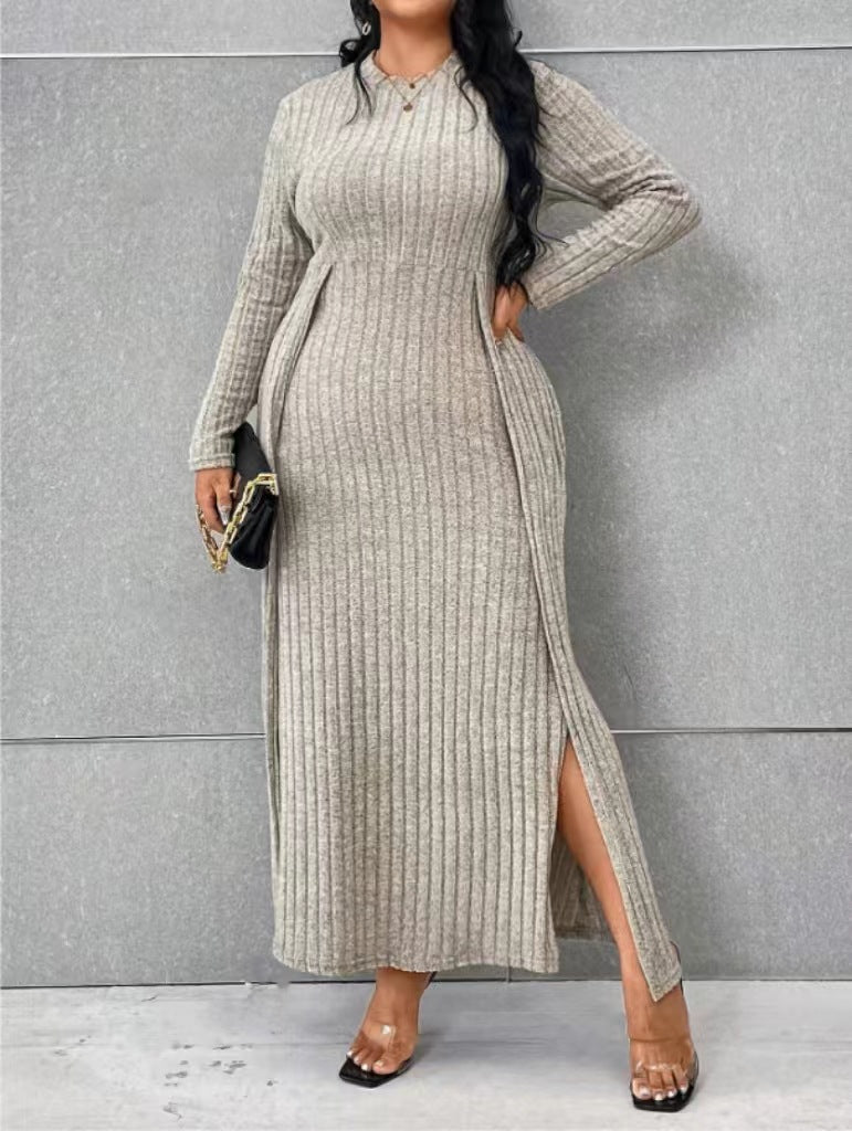 Autumn And Winter Long Sleeve Round Neck Slit Knitting Solid Color Plus Size Dress 3