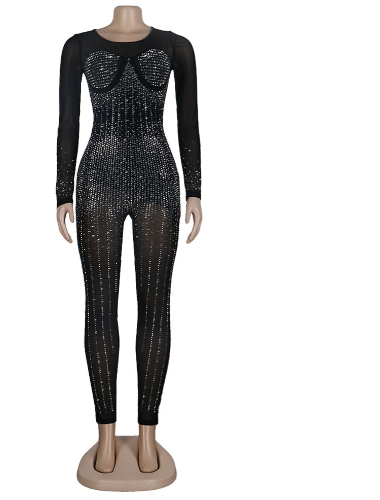 Winter Sexy Black rhinestone Beaded Patch Long Sleeve Jumpsuit 3