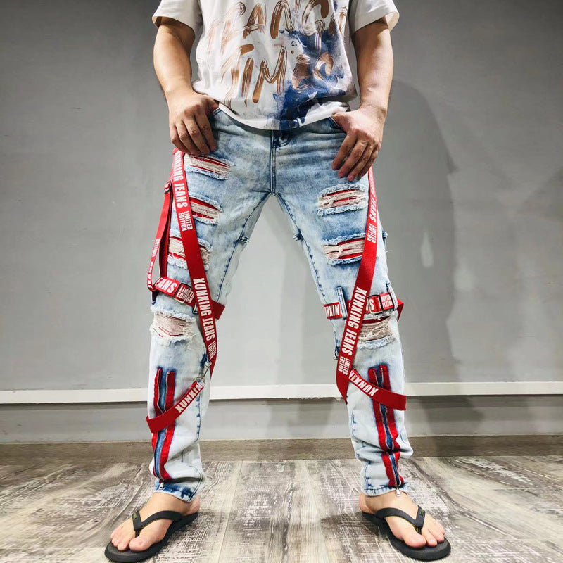 Men's Trendy Patch Webbing Ripped Zipper Denim Pants 3