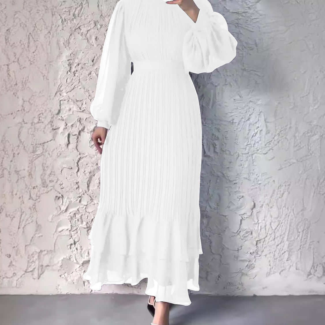 Autumn Fashion Solid Color Mesh Patchwork Pleated Dress For Women 8