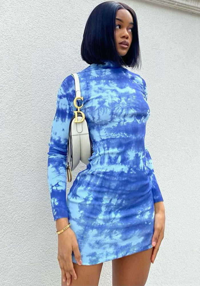 Women Spring Summer Print Stand Collar Long Sleeve Bodycon Dress