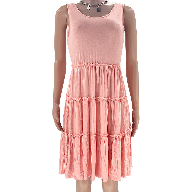 Summer Solid Round Neck Sleeveless Casual Women's Fashion Pleated Casual Dress 26