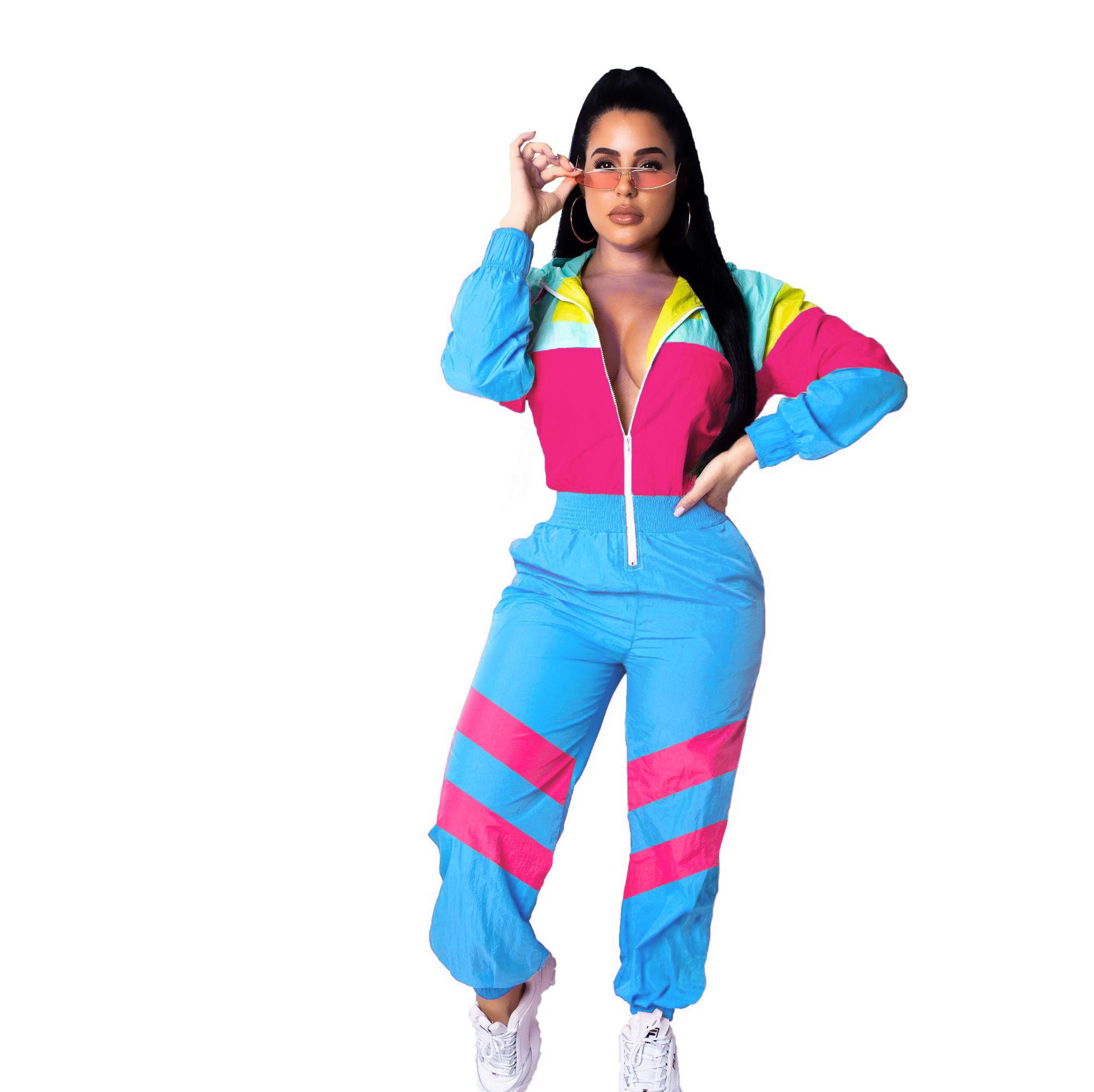 Women patchwork contrast color zipper jumpsuit 6