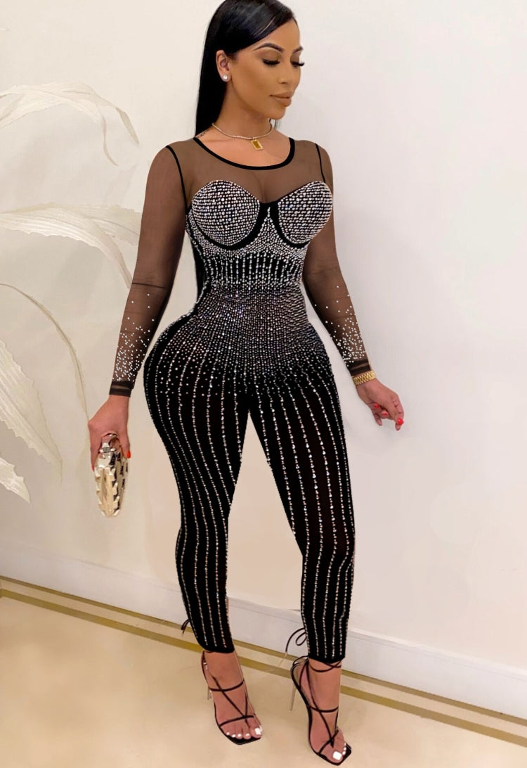 Winter Sexy Black rhinestone Beaded Patch Long Sleeve Jumpsuit