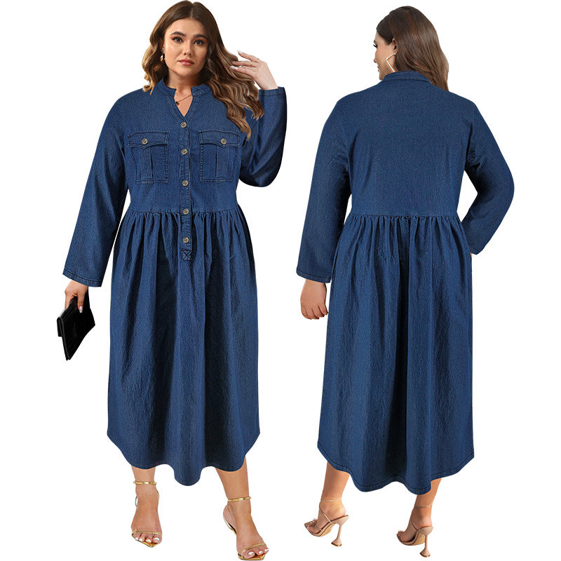 Plus Size Women's Denim Stand Collar Button Long Sleeve Long Dress 3